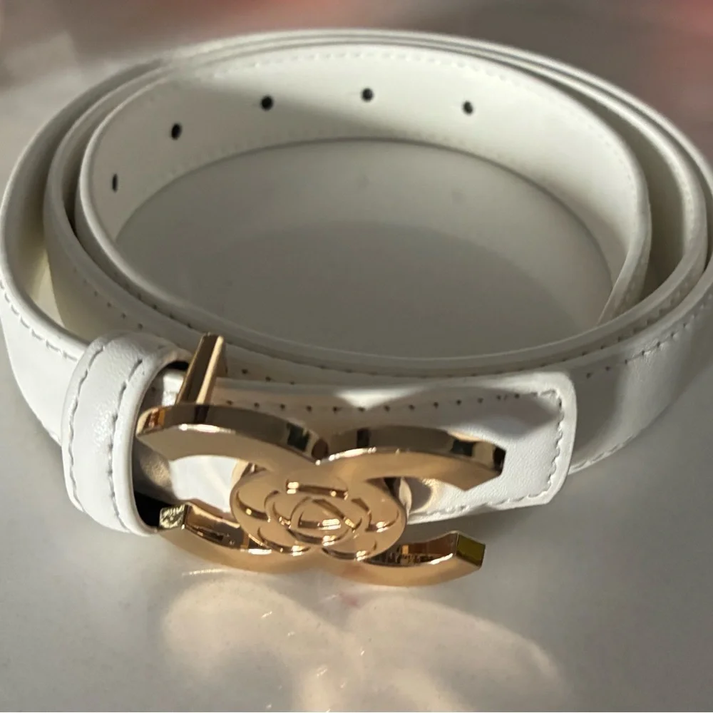 White Leather Belt with Gold Camellia Buckle